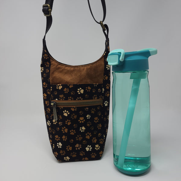 H2O2Go Crossbody Water Bottle Bag - Brown Paw Prints