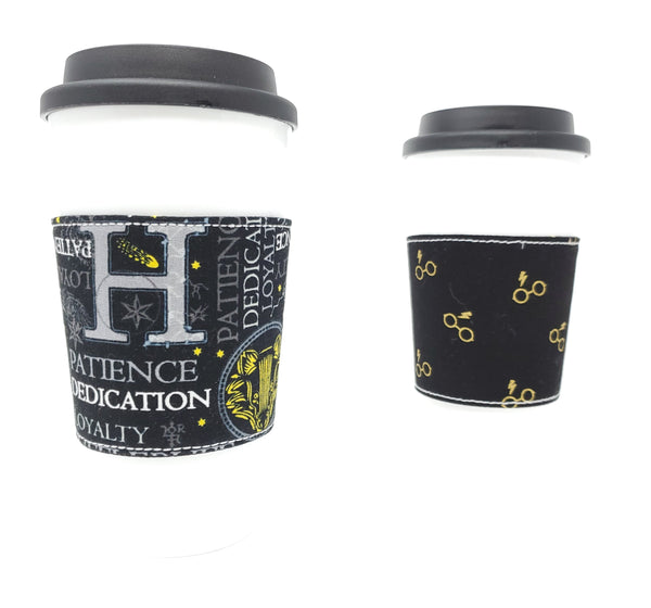 Reusable cup cozy - Hufflepuff Words - Pictured on a cup