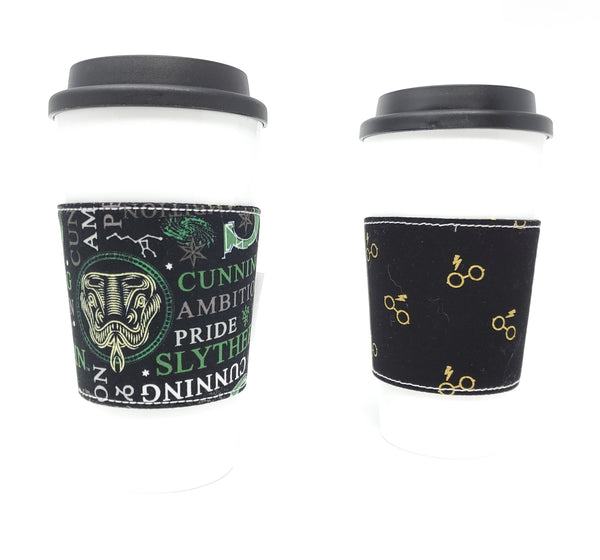 Reusable cup cozy - Slytherin Words - Pictured on a cup