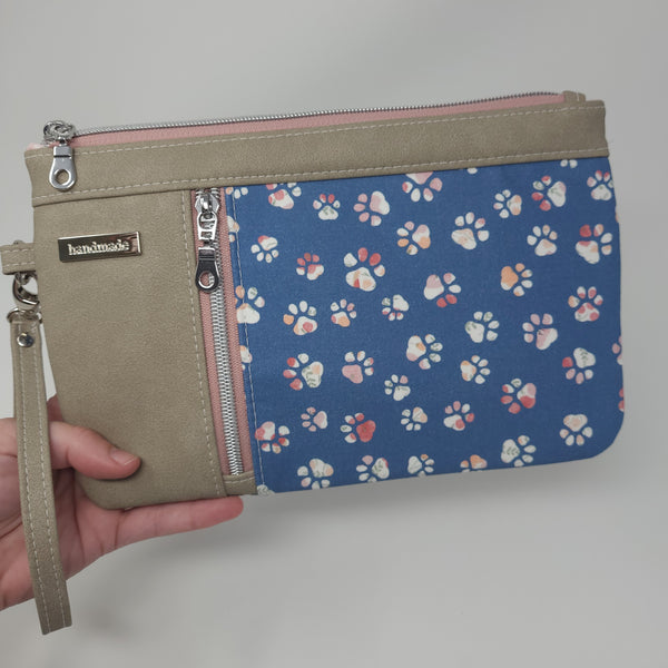 Zippy Clutch - Paw Please - Blue Floral Paw Prints