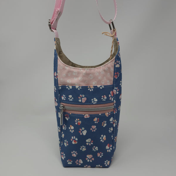 H2O2Go Crossbody Water Bottle Bag - Paw Please - Blue Floral Paw Prints