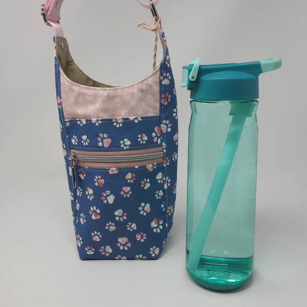 H2O2Go Crossbody Water Bottle Bag - Paw Please - Blue Floral Paw Prints