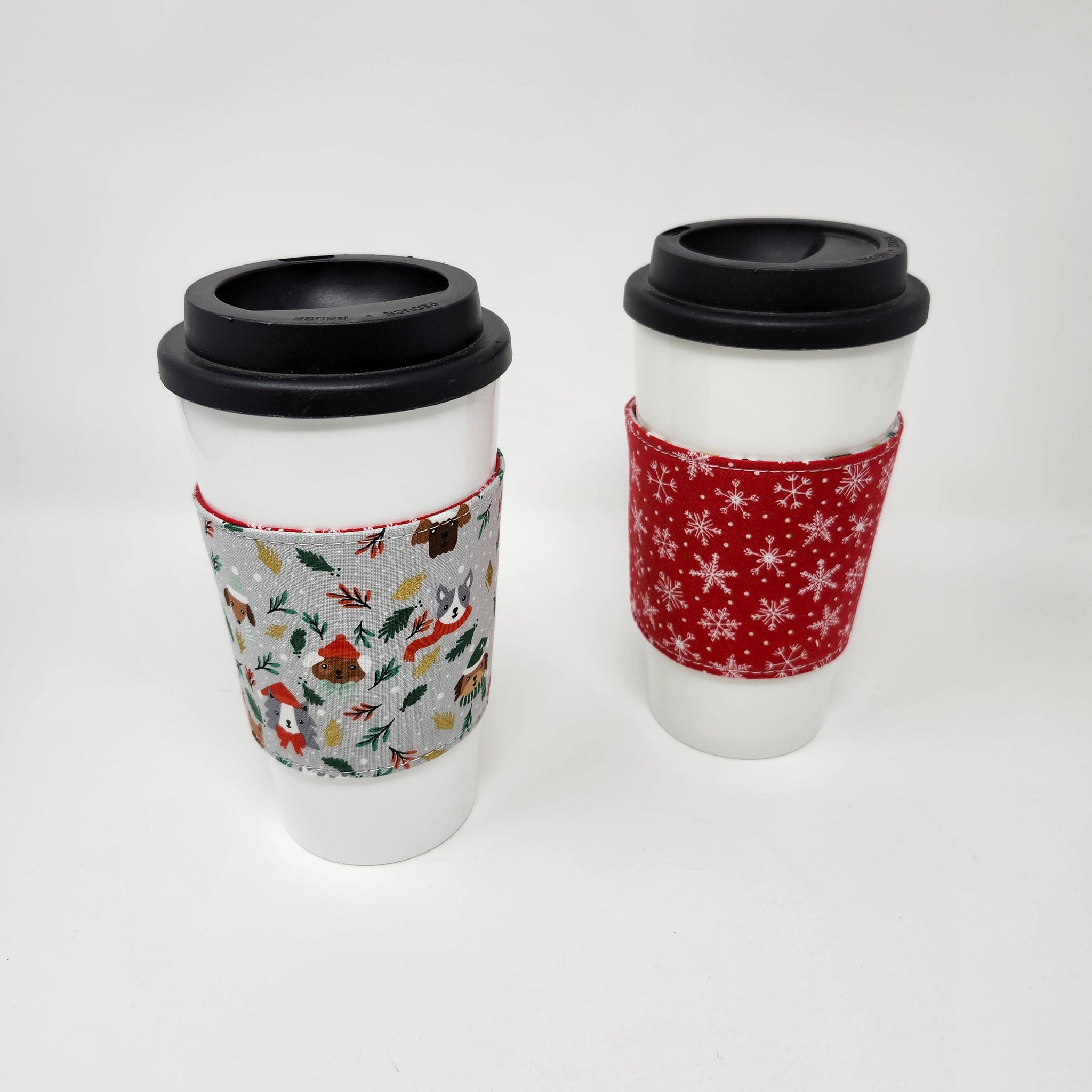 Reusable Cup Cozy - Grey Christmas Dogs