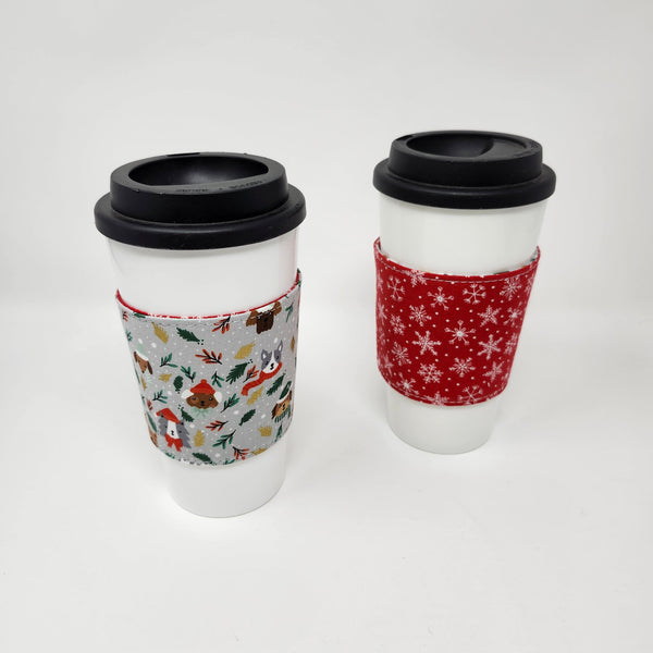 Reusable Cup Cozy - Grey Christmas Dogs