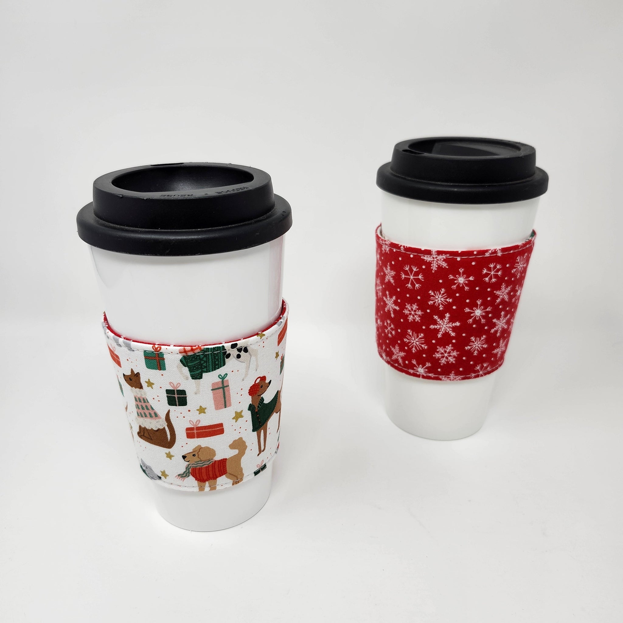 Reusable Cup Cozy - White Christmas Dogs