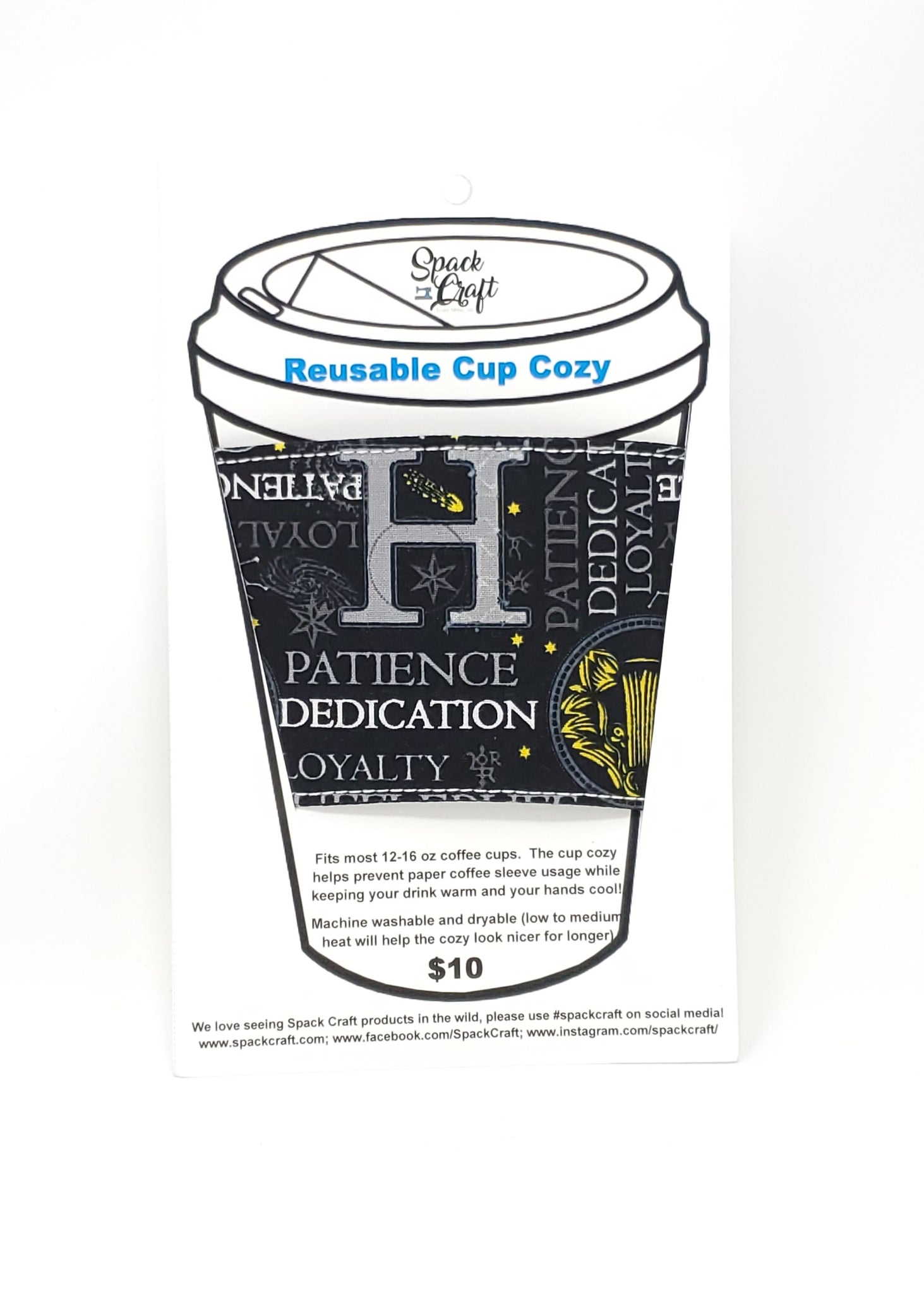 Reusable cup cozy - Hufflepuff Words - in packaging