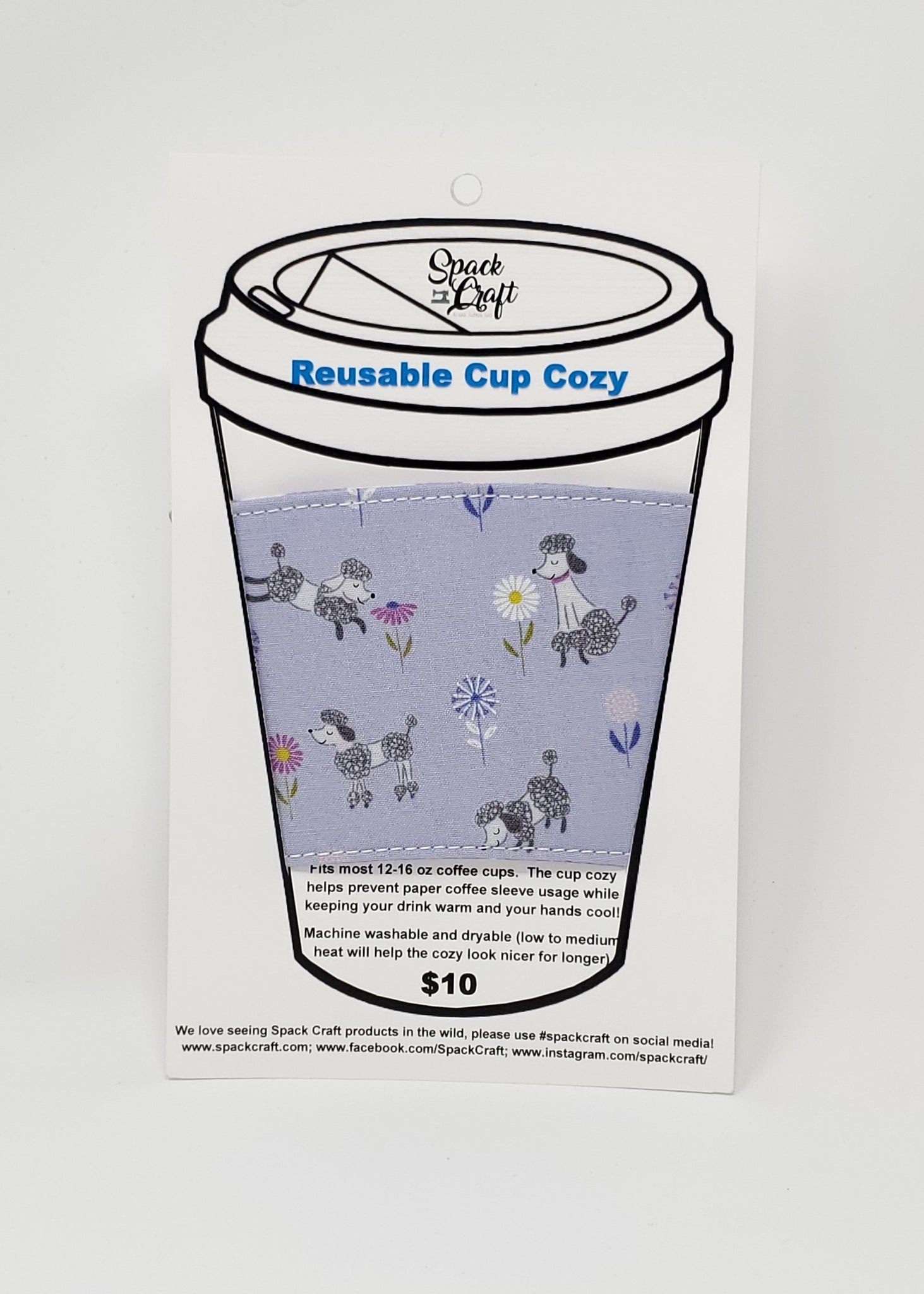 Reusable cup cozy - Purple Poodles - in packaging
