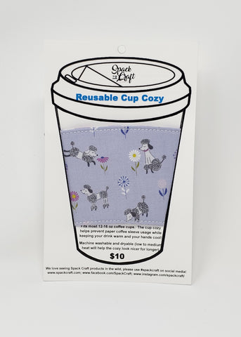 Reusable cup cozy - Purple Poodles - in packaging