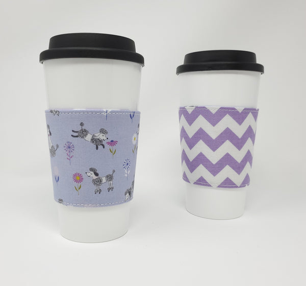 Reusable cup cozy - Purple Poodles - Pictured on a cup